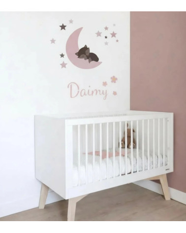 Behangsticker vosje op de maan oud roze met naam.