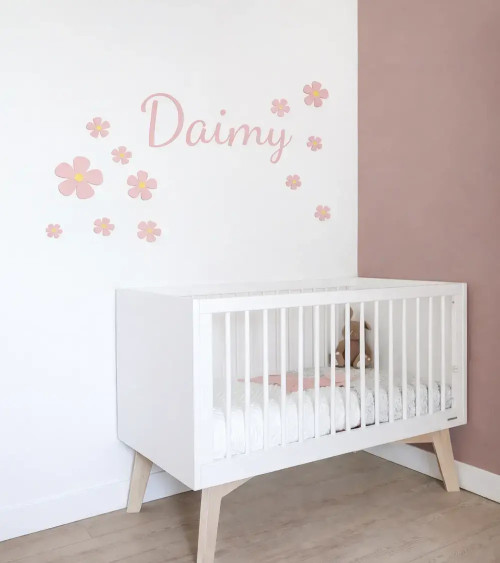 Behang naamsticker roze met bloemen meisjeskamer muurdecoratie.