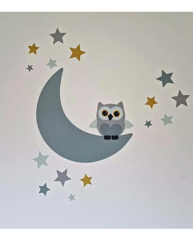 Behang muursticker babykamer uil op de maan mintgroen, oud groen en okergeel.