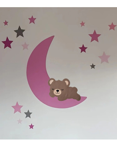 Meisjeskamer muurdecoratie van een slapende teddybeer op een fel roze maan.