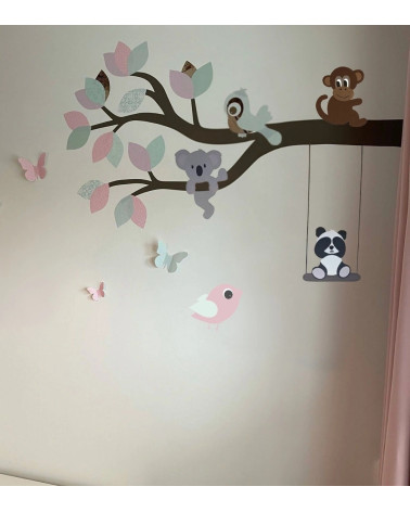 Behangsticker meisjeskamer tak met dieren roze en mintgroen.