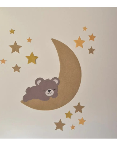 Teddybeer op een gouden maan muurdecoratie kinderkamer van vliesbehang.