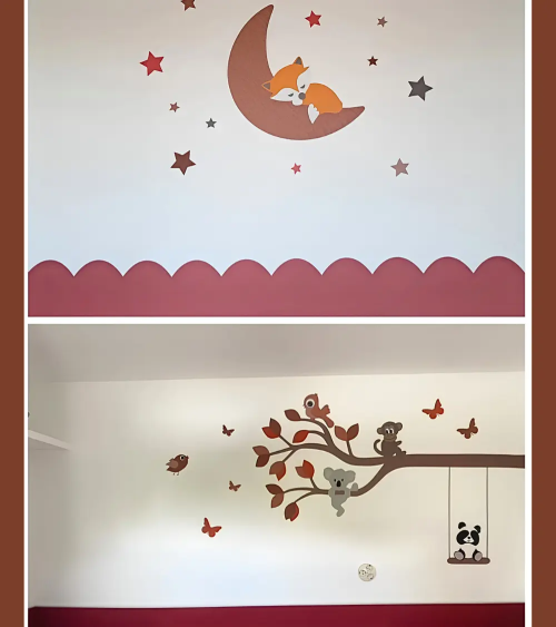 Combi deal behangstickers terracotta babykamer met een dierentak en vos op maan.
