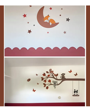 Combi deal behangstickers terracotta babykamer met een dierentak en vos op maan.