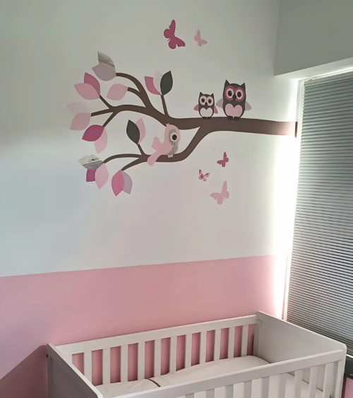 Sierlijke uilentak roze | Behangsticker meisjeskamer