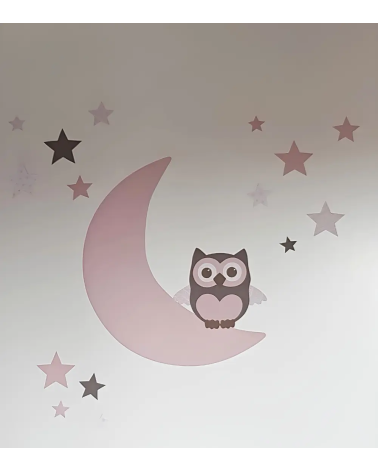 Behang muursticker meisjes babykamer uil op de maan oud roze.