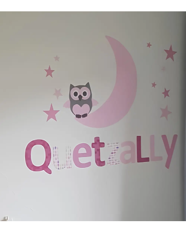 Behang muursticker babykamer uil op de maan lichtroze met naamletters.