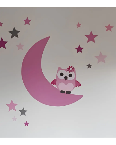 Behang muursticker babykamer uil op de maan fel roze.