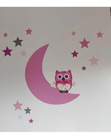 Behang muursticker babykamer uil op de maan felroze.