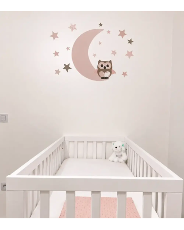 Behang muursticker meisjesbabykamer uil op de maan oud roze.
