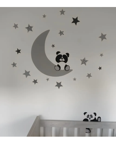Grijze maan met pandaberen behangsticker babykamer.