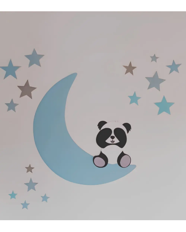 Lichtblauwe maan behangsticker voor de kinderkamer met een lief pandabeertje.