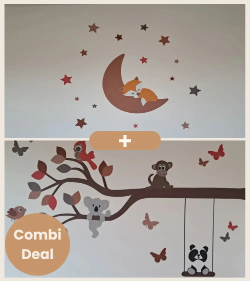 Combi Deal behangstickers kinderkamer met vosje op de maan en tak met vrolijke dieren.