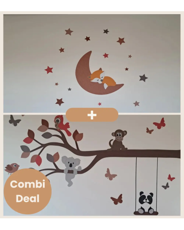 Combi Deal behangstickers kinderkamer met vosje op de maan en tak met vrolijke dieren.
