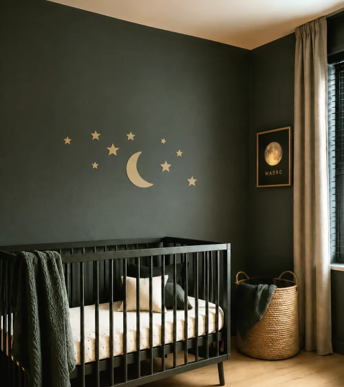 Donkergroen met zwarte babykamer met een gouden maan behangsticker boven het bedje.