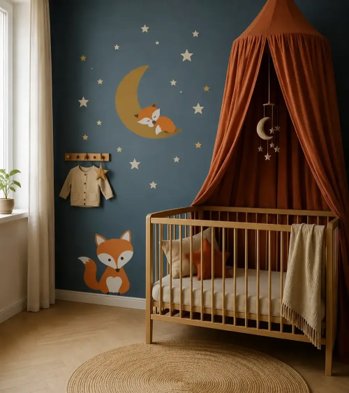 Luxe vosjes behangstickers in een donkerblauwe met terracotta bosdieren babykamer.