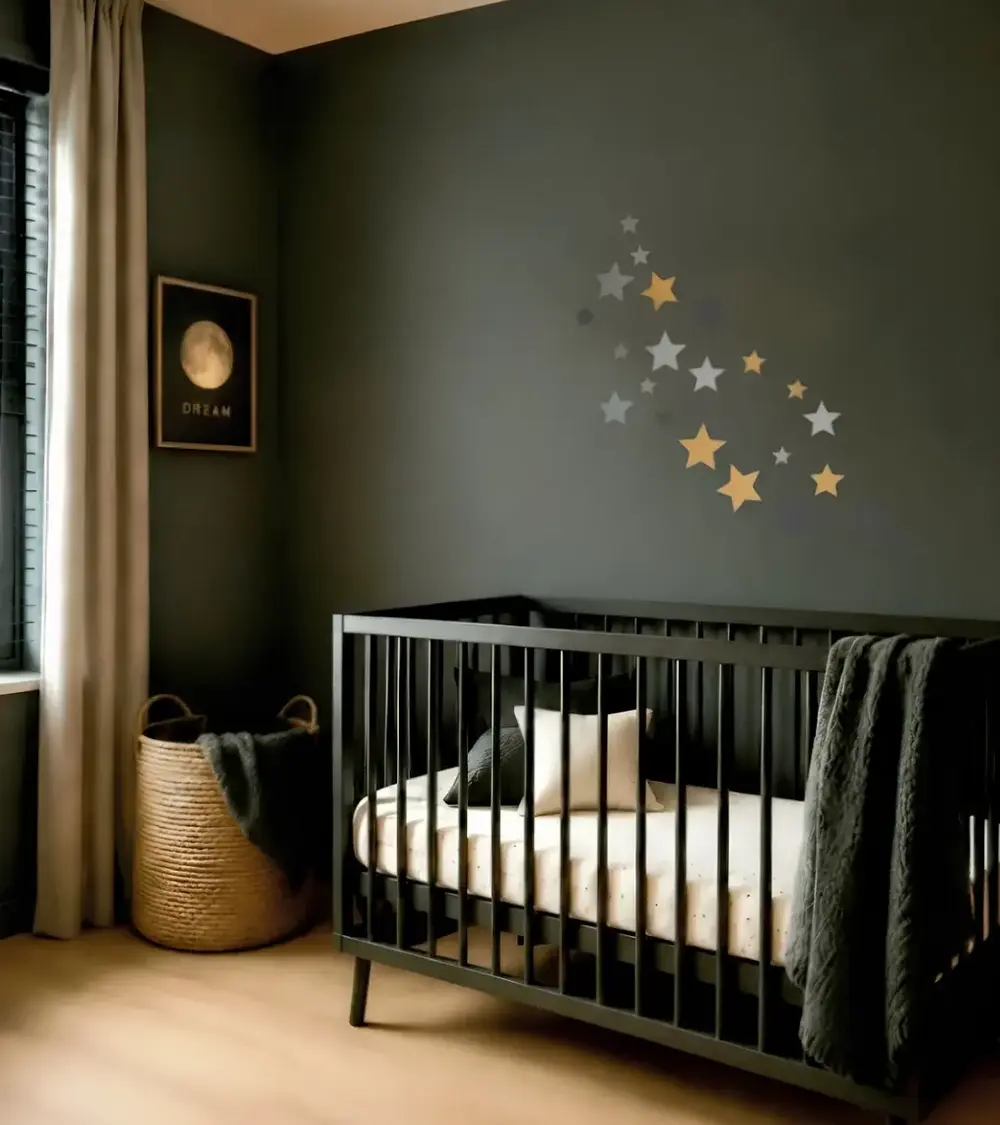 Luxe set sterren behangstickers in een donkergroene babykamer.