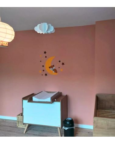 Behang muurdecoratie roze meisjes babykamer slapend vosje op de maan okergeel.