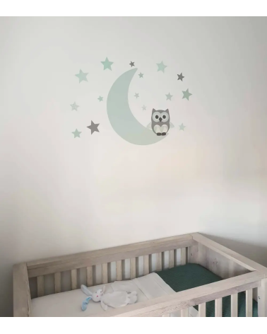 Muursticker neutrale babykamer met een uil op de maan met sterren mintgroen.