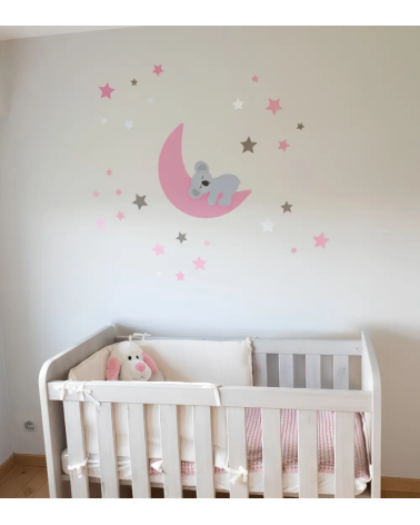 Behangsticker meisjes babykamer slapende koalabeer op de maan met sterren roze.