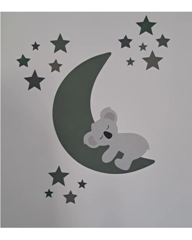Behang sticker voor de babykamer met een slapende koalabeer op de maan oud groen.