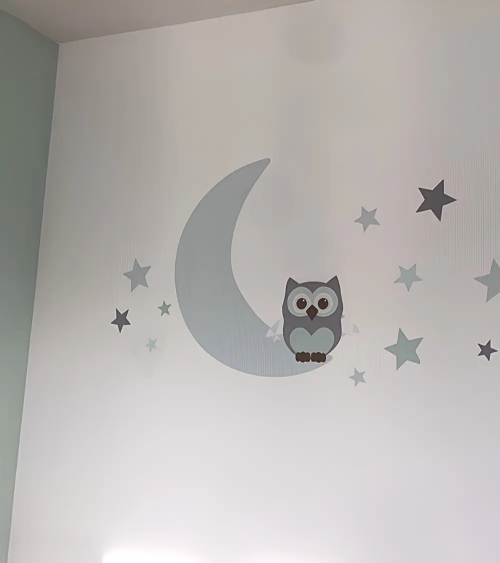Behang muursticker voor een neutrale babykamer met een uil op de maan mintgroen.