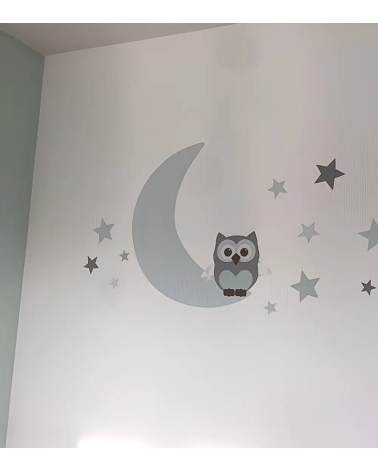 Behang muursticker voor een neutrale babykamer met een uil op de maan mintgroen.