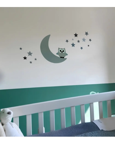 Behangsticker babykamer uil op de maan oud groen.