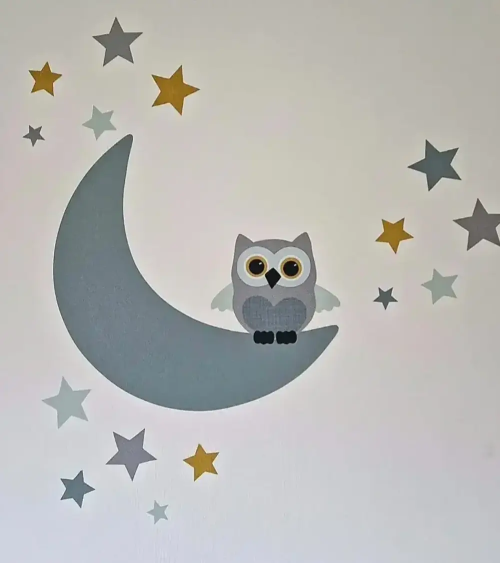 Uil op de maan met sterren | Behangsticker babykamer