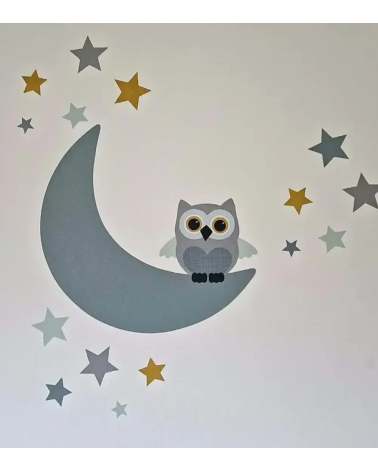 Uil op de maan met sterren | Behangsticker babykamer