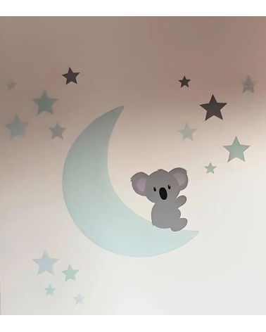 Babykamer behangsticker zittende koalabeer op een maan met sterren mintgroen.