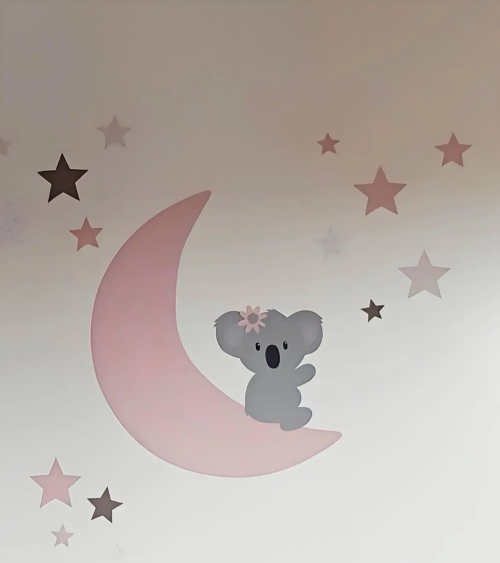 Meisjes babykamer behangsticker zittende koalabeer op een maan met sterren oudroze.