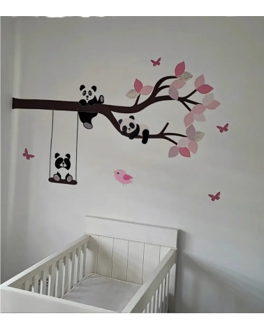 Behangsticker meisjeskamer panda boom roze.