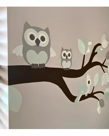 Sierlijke uilentak mintgroen muursticker babykamer.