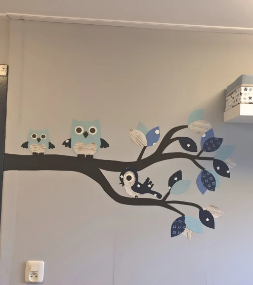 Jongenskamer muurdecoratie een behang sticker met uilen en vogels in licht- en donkerblauw.