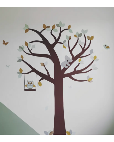 Behang muurdecoratie babykamer grote boom met dieren in mintgroen en okergeel.
