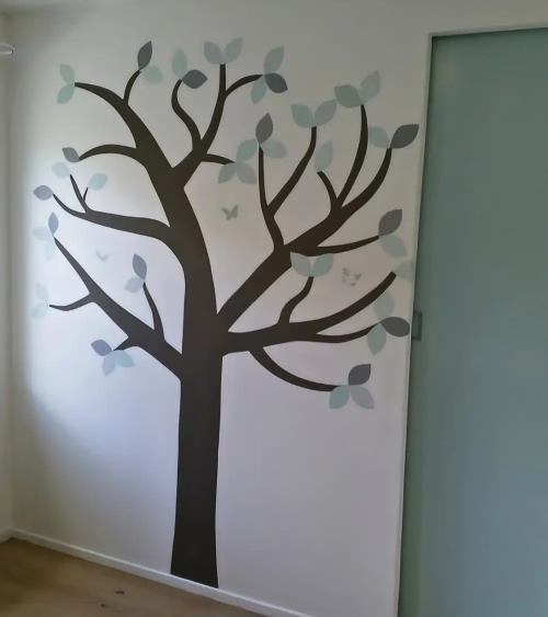Behangsticker babykamer boom mintgroen.