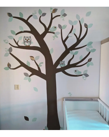 Behangsticker babykamer boom met bosdiertjes mintgroen.