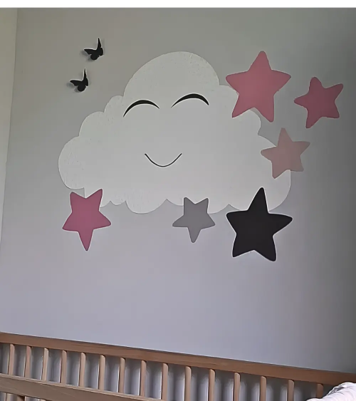 Behangsticker kinderkamer grote wolk van behang met roze sterren en vlinders.