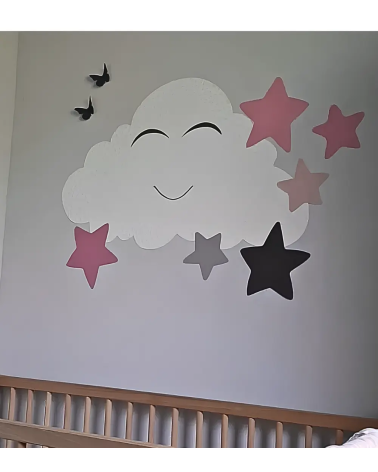 Behangsticker kinderkamer grote wolk van behang met roze sterren en vlinders.