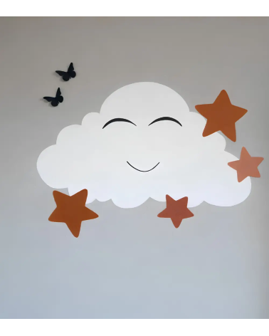 Behangsticker babykamer wolk met roest en terracotta kleurige sterren