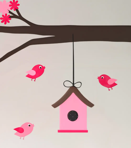 Behangsticker vogelhuisje roze