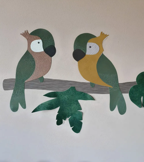 Behangsticker kinderkamer papegaaien groen, oker, terracotta.