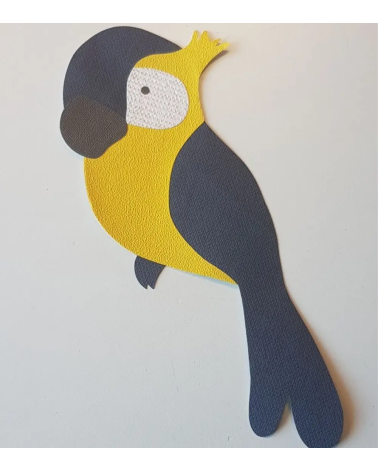 Behangsticker kinderkamer papegaai donkerblauw en okergeel.