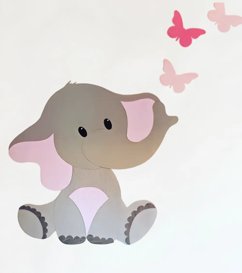 Behangsticker meisjeskamer roze olifant met vlinders.