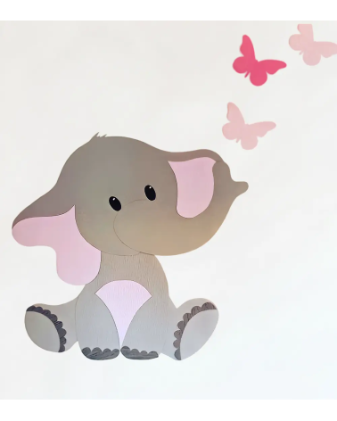 Behangsticker meisjeskamer roze olifant met vlinders.