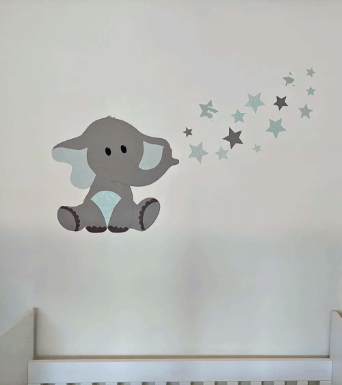 Muursticker kinderkamer schattige olifant mintgroen met sterren.