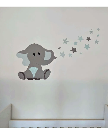 Muursticker kinderkamer schattige olifant mintgroen met sterren.