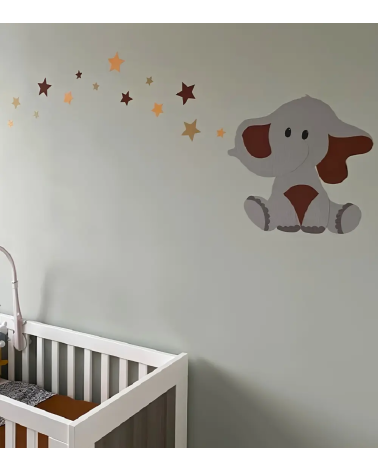 Muurdecoratie kinderkamer baby olifant met sterren in terracotta en oker.