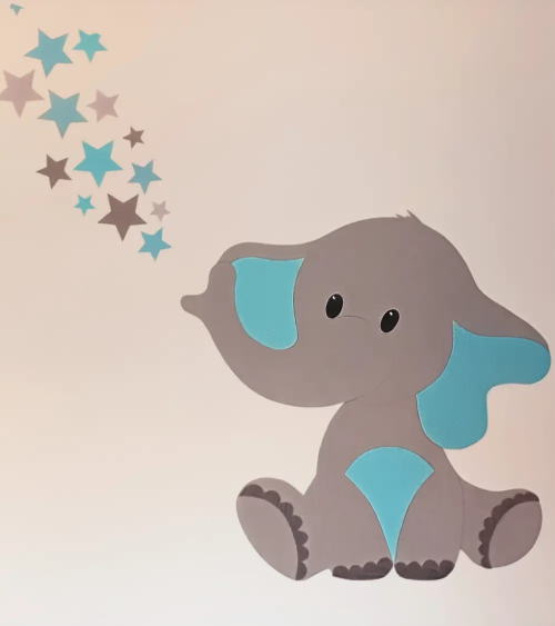 Behangsticker babykamer baby olifant lichtblauw met sterren.